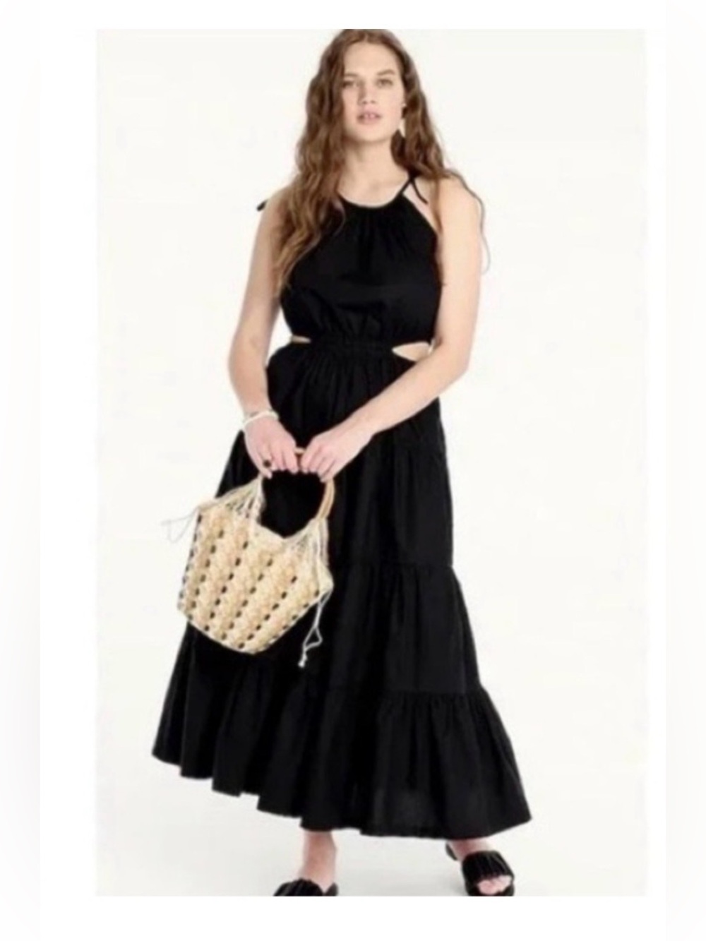 J.CREW HALTER MAXI DRESS, SIDE POCKETS, BLACK RUFFLES